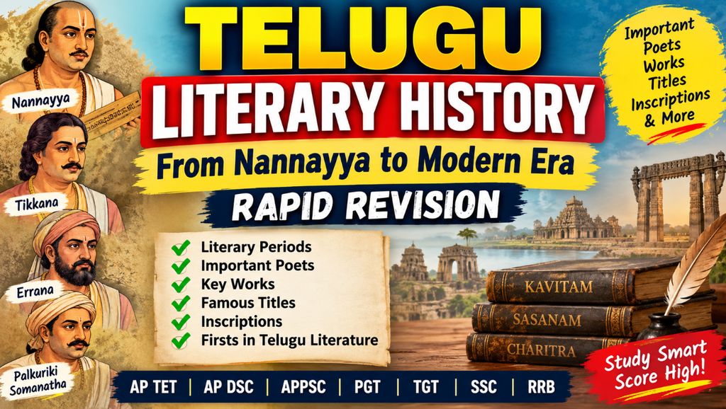 History of Telugu Literature, Telugu Literature History, Telugu Literary History, Telugu Sahitya Charitra, Telugu Literature, Telugu Literature Notes, Telugu Literature History Notes, Telugu Literature History PDF, Telugu Literature for AP TET, Telugu Literature for AP DSC, Telugu Literature for APPSC, Telugu Literature for PGT, Telugu Literature for TGT, Telugu Literature MCQs, Telugu Literature Important Questions, Telugu Literature Competitive Exams, Telugu Literary Periods, Telugu Literature Timeline, Telugu Literature Yuga Vibhajana, Prag Nannayya Yuga, Nannayya Yuga, Shiva Kavi Yuga, Tikkana Yuga, Errana Yuga, Srinatha Yuga, Krishnadevaraya Period, Dakshin Andhra Yuga, Modern Telugu Literature, Nannayya, Tikkana, Errana, Palkuriki Somanatha, Nannechoda, Mallaya Rechana, Vemulawada Bhimakavi, Telugu Poets and Their Works, Telugu Poets and Their Titles, Telugu Literary Firsts, Telugu Inscriptions, Andhra Mahabharatam, Kavijanasrayam, Basava Puranam, Panditaradhya Charitra, Anubhavasaram, First Telugu Poet, First Telugu Literary Work, Complete History of Telugu Literature, History of Telugu Literature from Nannayya to Modern Era, Telugu Literature History for Competitive Exams, Telugu Literature Rapid Revision, Telugu Literature One Liner Questions, Telugu Literature Important Facts, AP TET Telugu, AP DSC Telugu, APPSC Telugu, PGT Telugu, TGT Telugu, SSC Telugu, RRB Telugu
